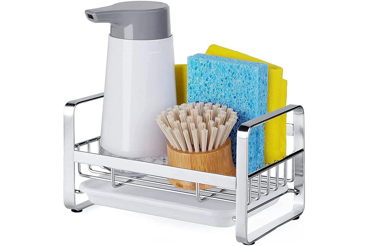 2Pcs Kitchen Sink Stainless Steel Sponge Holder With Brush Rack Removable Drain Tray-Silver