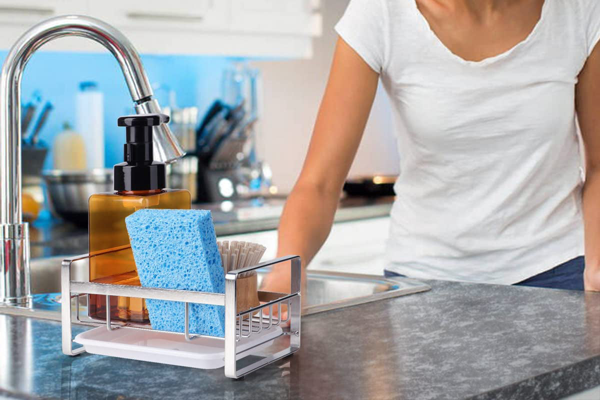 Kitchen Sink Stainless Steel Sponge Holder With Brush Rack Removable Drain Tray-Silver