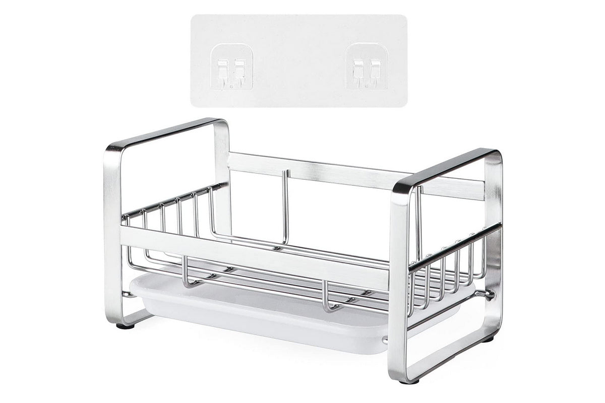 Kitchen Sink Stainless Steel Sponge Holder With Brush Rack Removable Drain Tray-Silver