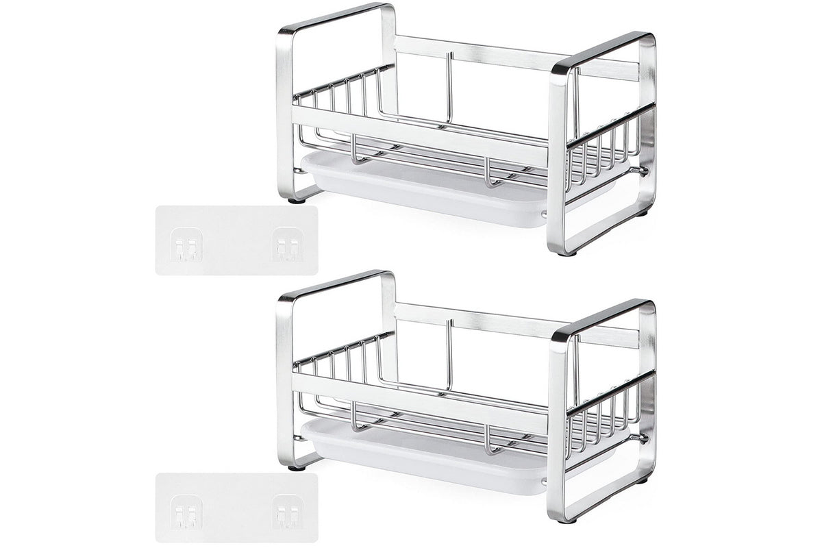 2Pcs Kitchen Sink Stainless Steel Sponge Holder With Brush Rack Removable Drain Tray-Silver