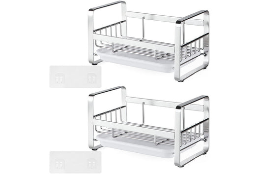 2Pcs Kitchen Sink Stainless Steel Sponge Holder With Brush Rack Removable Drain Tray-Silver