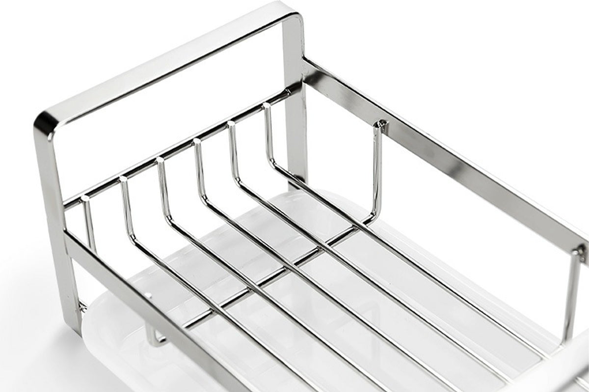 2Pcs Kitchen Sink Stainless Steel Sponge Holder With Brush Rack Removable Drain Tray-Silver