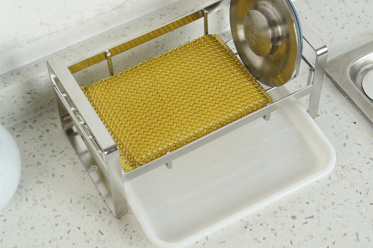 2Pcs Kitchen Sink Stainless Steel Sponge Holder With Brush Rack Removable Drain Tray-Silver