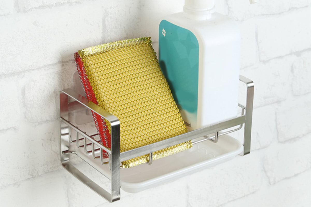2Pcs Kitchen Sink Stainless Steel Sponge Holder With Brush Rack Removable Drain Tray-Silver