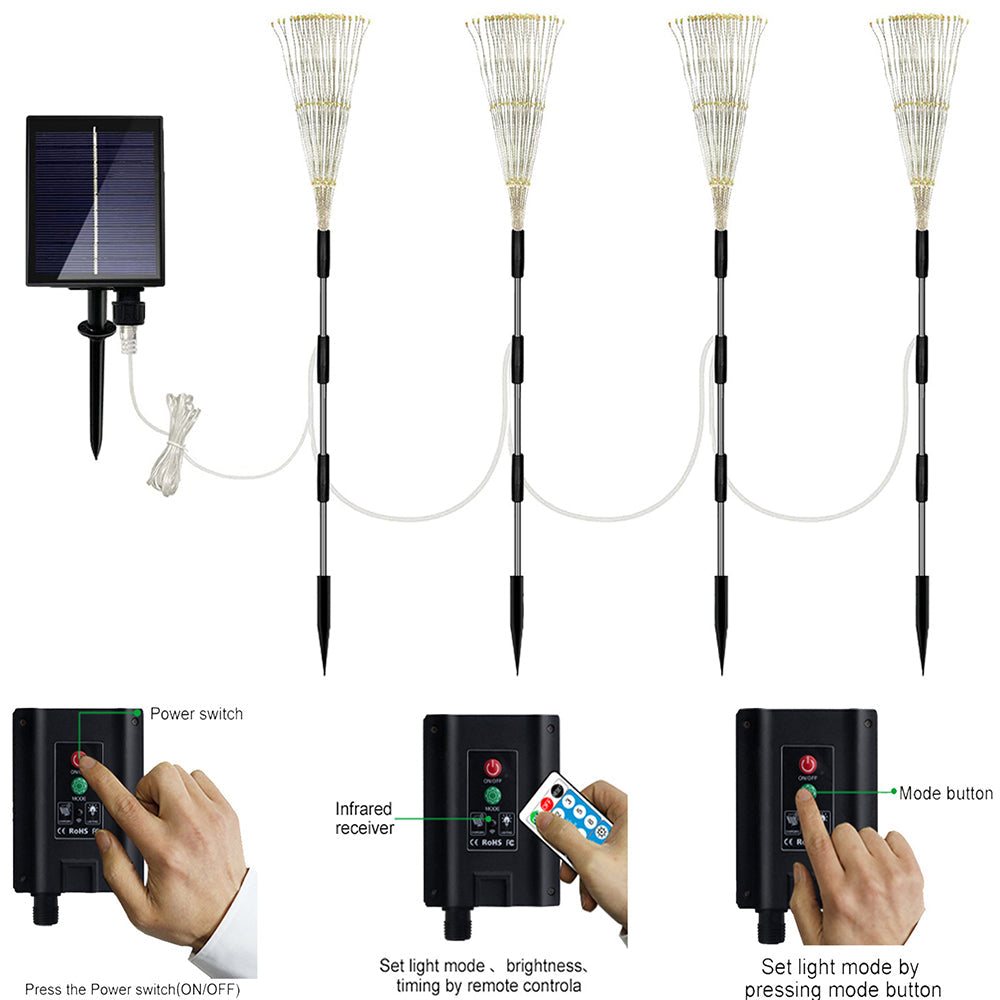 2Pcs Waterproof Solar 4in1 Set Firework Light LED Starburst String Lights - Warm