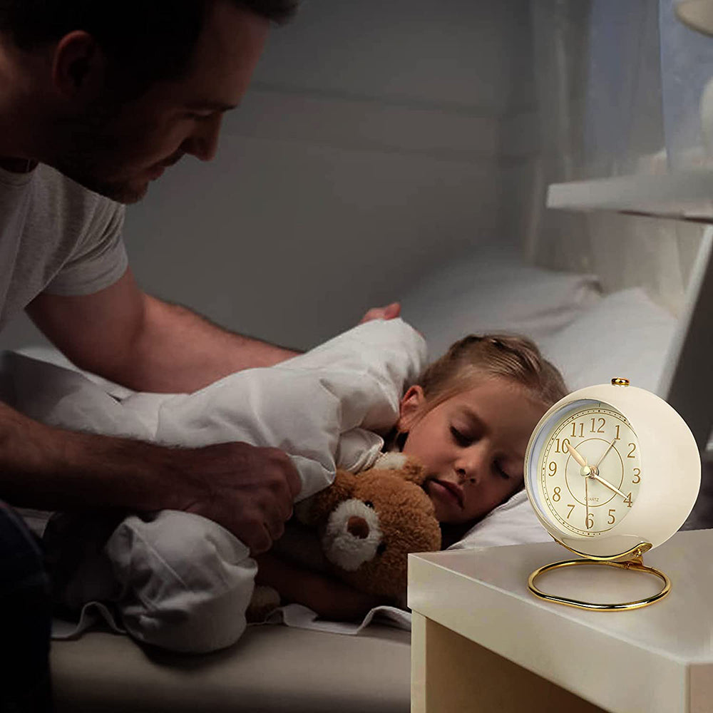 Small Table Clocks Tabletop Alarm Clock with Night Light Battery Operated Desk Clock -Beige