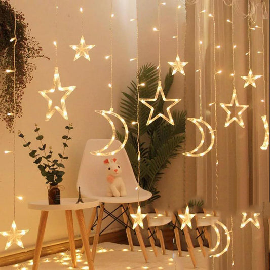 Star Moon Curtain String Light LED Curtain Fairy String for Window Wall Home Decoration -Star and moon warm white