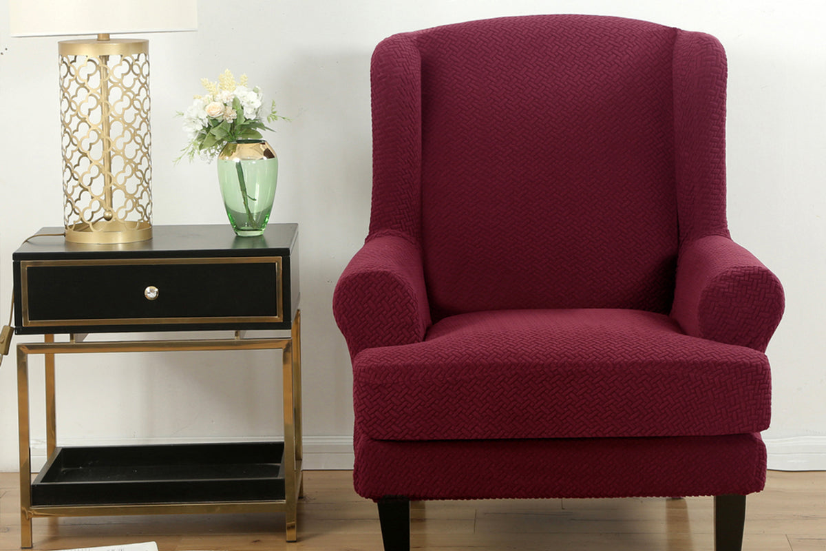 Stretch Wingback Chair Cover Wingback Armchair Slipcovers Furniture Protector-Wine Red