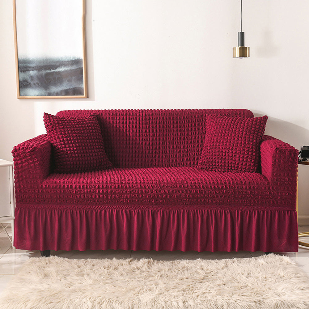 Sofa Cover Seersucker Sofa Cover with Skirt Stretch Anti-dirty Slipcovers-Wine red