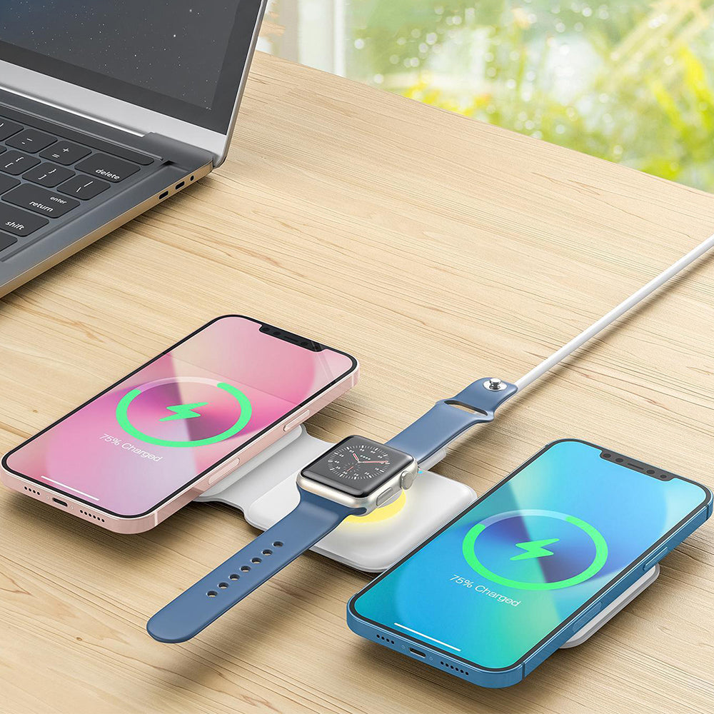 Foldable Magnetic Wireless Charger 3 in 1 Charging Station with Night Light for iPhone Apple Watch Airpods -White