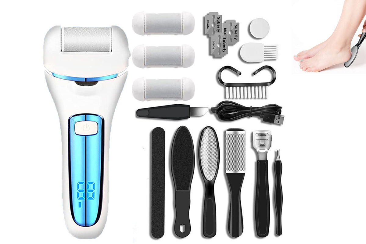 Electric Callus Remover for Feet Waterproof 14-in-1 Professional Pedicure Kit with 3 Roller Heads 2 Speed Battery Display- Blue