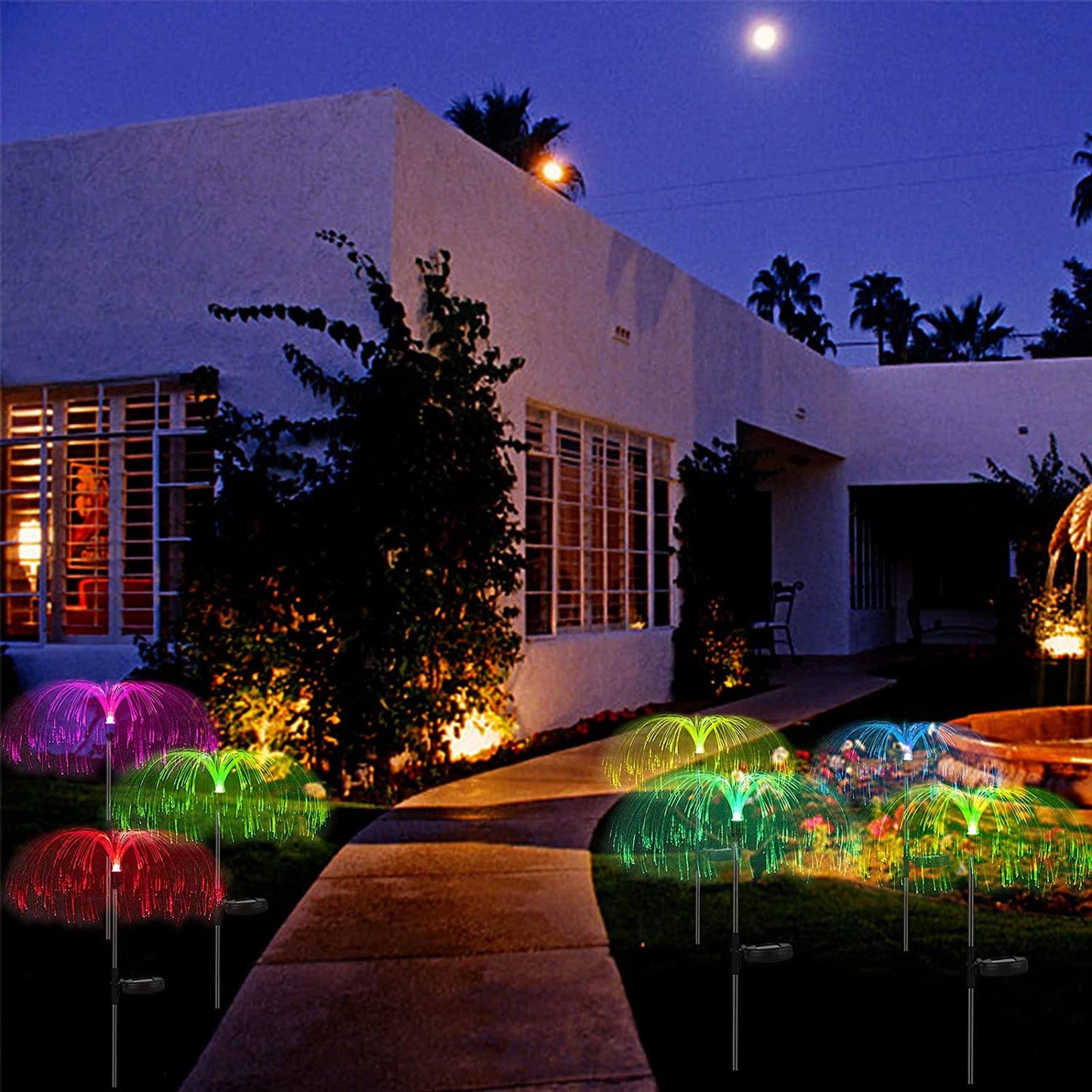2Pcs Solar Jellyfish Lights RGB Fiber Optic Light Outdoor Ground Lamp Garden Decor
