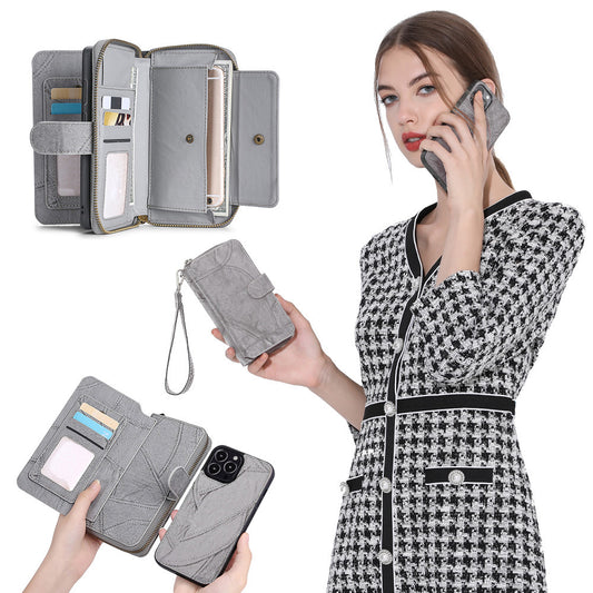 Wallet Case Compatible for iPhone 13 14 Series Women Detachable Phone Cover with Card Holder -Grey-13M