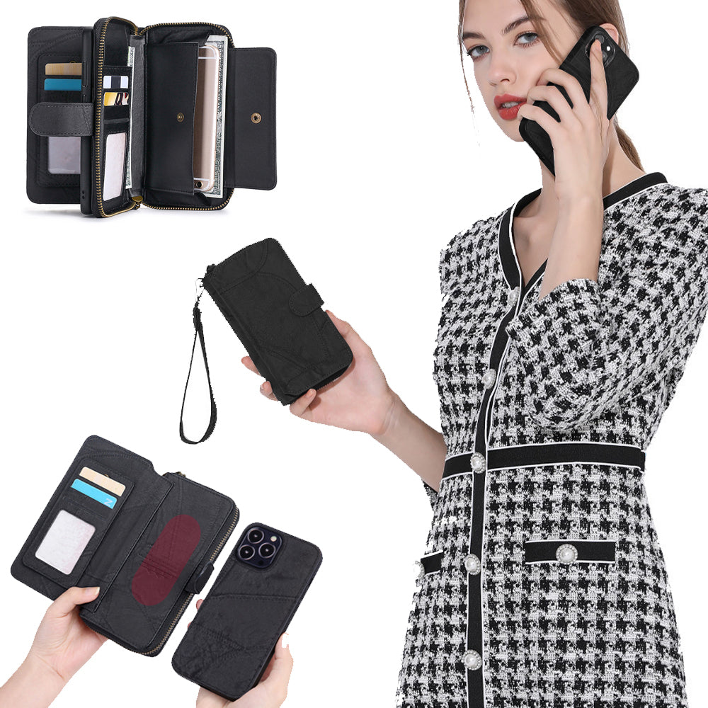 Wallet Case Compatible for iPhone 13 14 Series Women Detachable Phone Cover with Card Holder -Black-13M