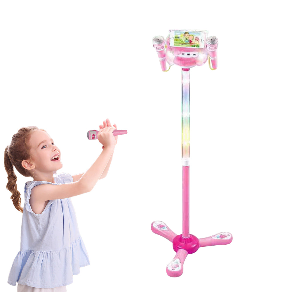 Microphone with Stand Karaoke Machine Musical Singing Toy with 2 Microphones -Pink