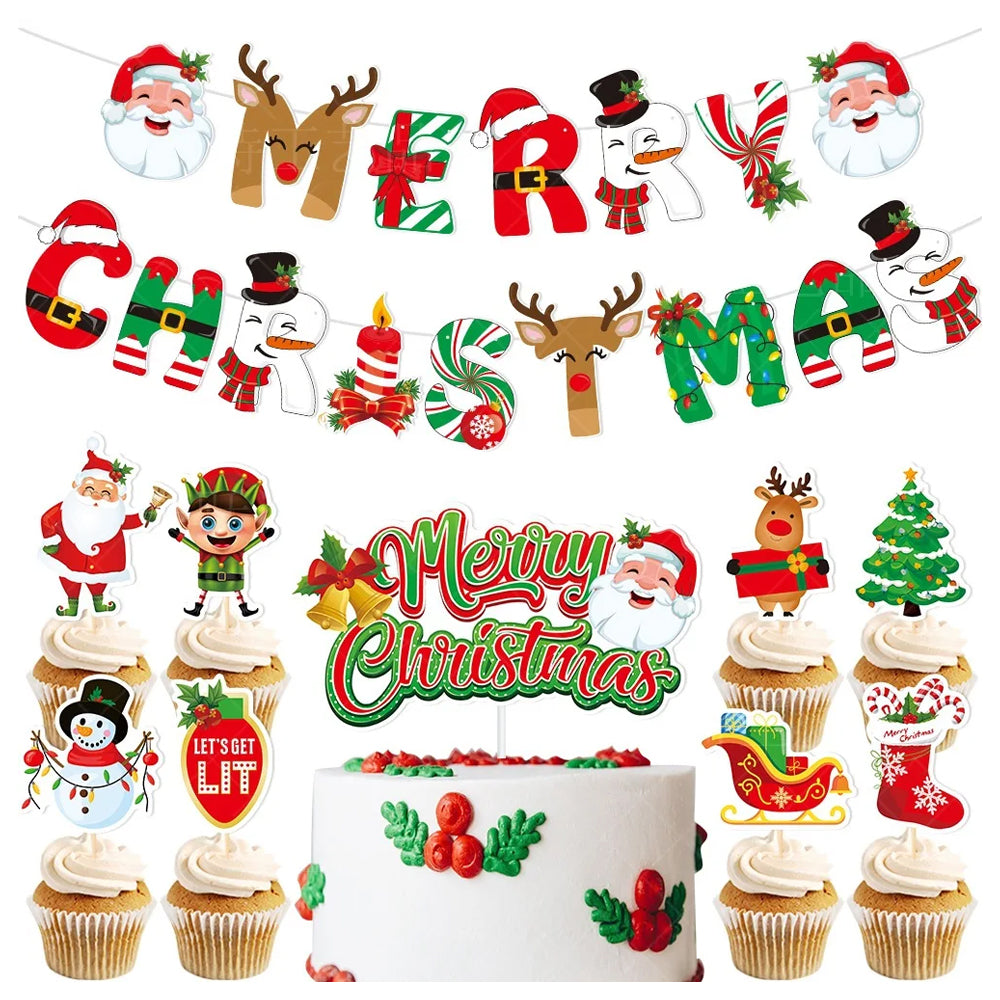 3pcs Merry Christmas Pull Flag Santa Claus Party Decoration Christmas Tree Cake Topper Christmas Party Decor Supplies-Sheet Flag Sign and Large Cake Insert and Small Cake Insert