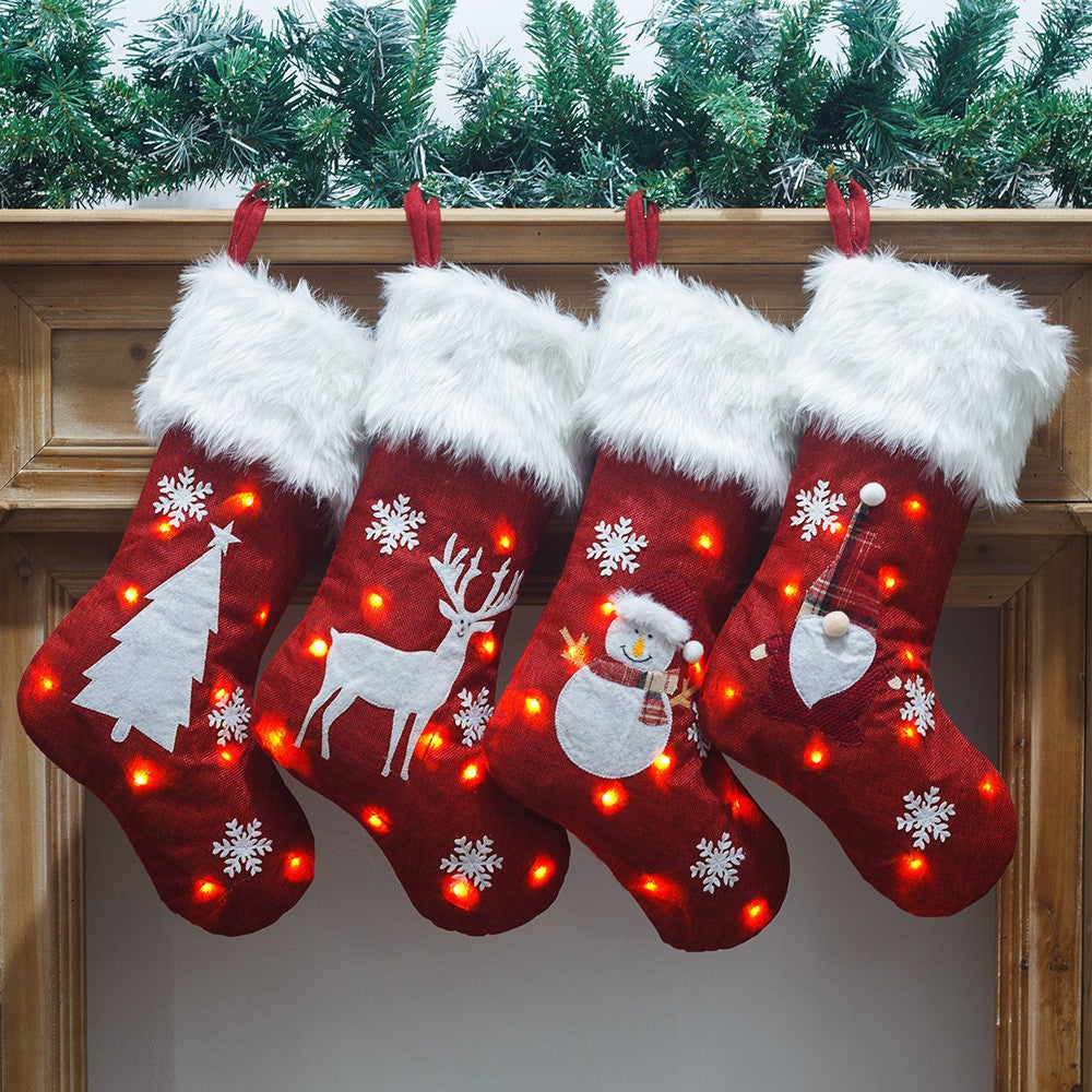 4Pcs Christmas Stocking with Lights Pendant Sock for Home Party Decor