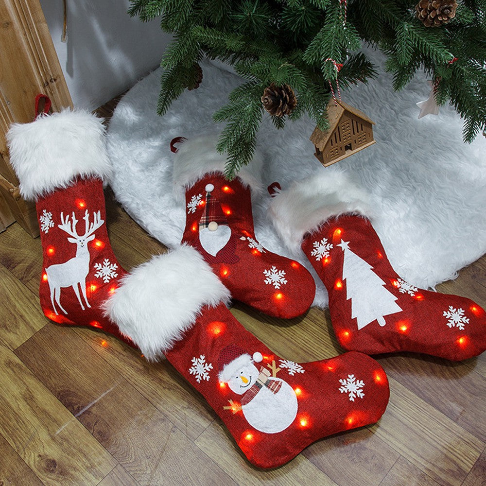 4Pcs Christmas Stocking with Lights Pendant Sock for Home Party Decor