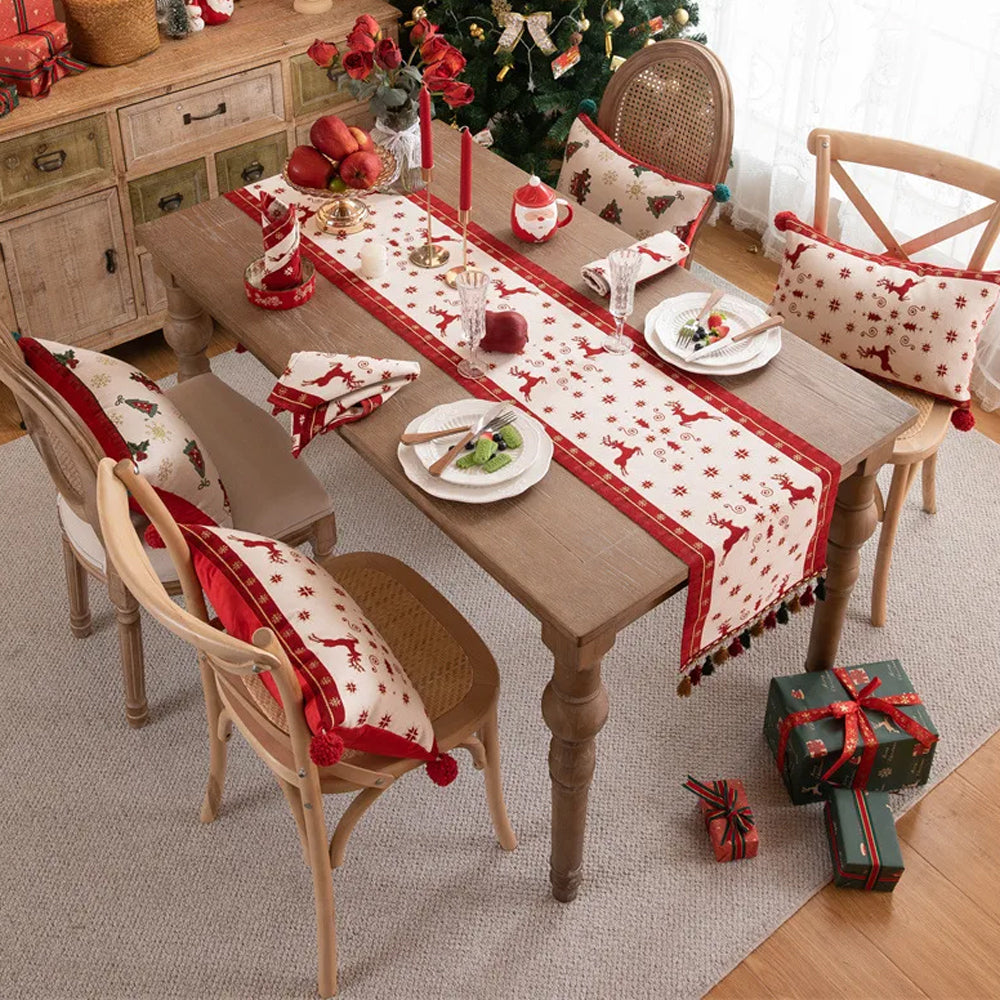 Christmas Jacquard Tassel Table Runner Xmas Table Cover Style 2