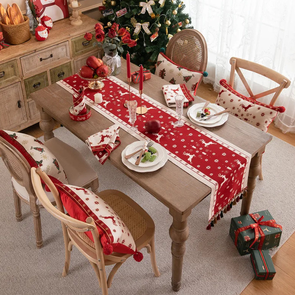 Christmas Jacquard Tassel Table Runner Xmas Table Cover