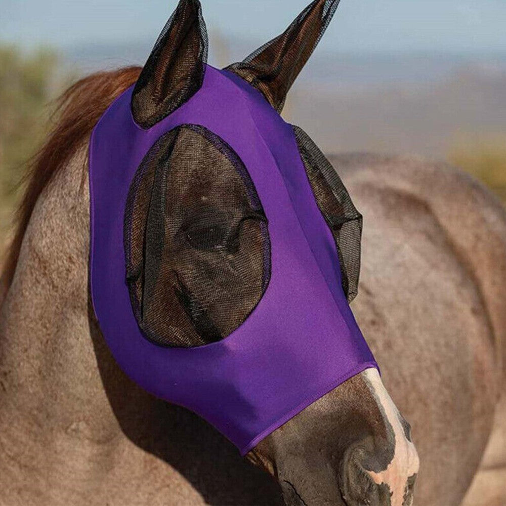 2Pcs Horse Fly Mask with Ears Cover - Black + Purple