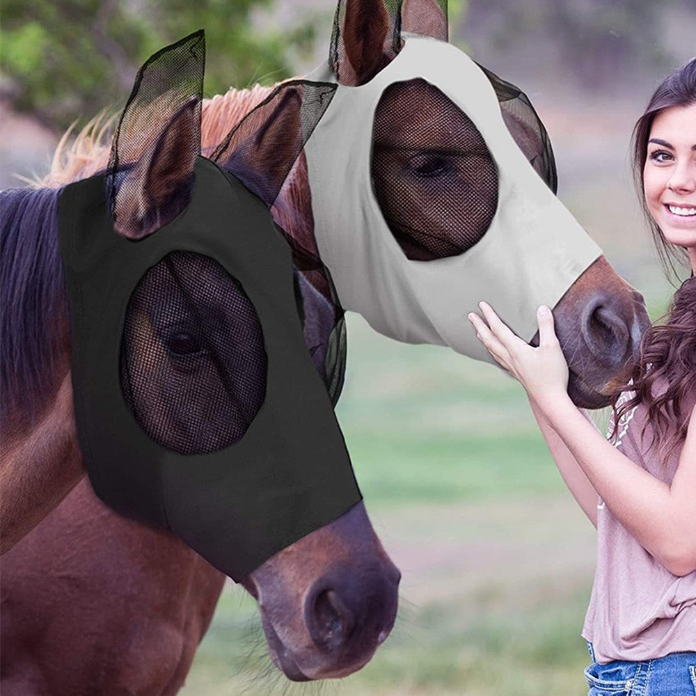 2Pcs Horse Fly Mask with Ears Cover - Black + Grey
