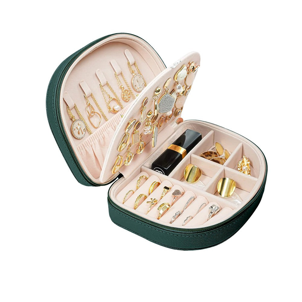 Portable Double Layer Jewelry Organizer Box PU Leather Jewelry Storage Case Green