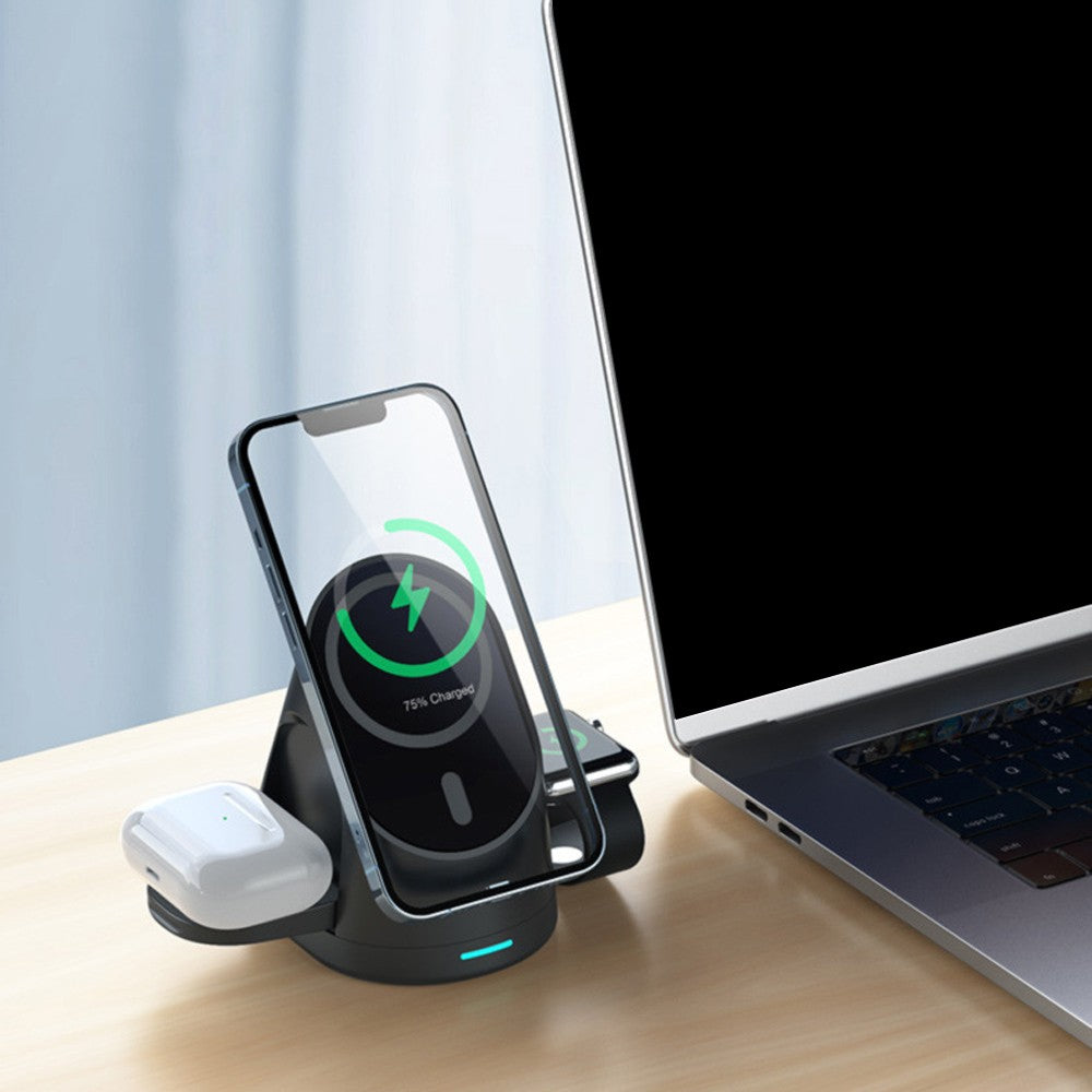3-in-1 Wireless Magnetic Charger Qi Fast Charging Stand for iPhone Airpods Black