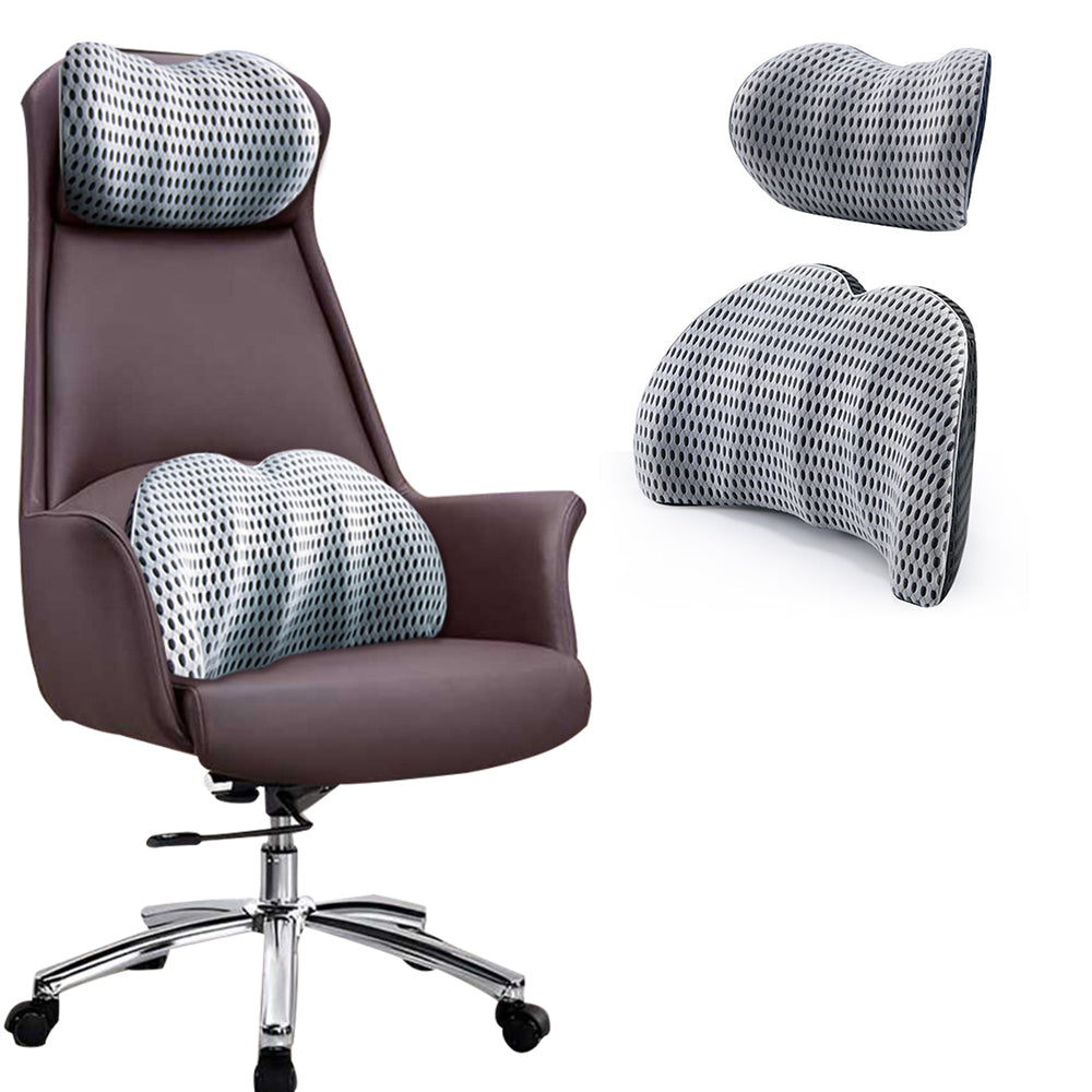 2Pcs Set Lumbar Neck Support Pillow Memory Foam Cushion for Car Office Chair Seat Gray Combo