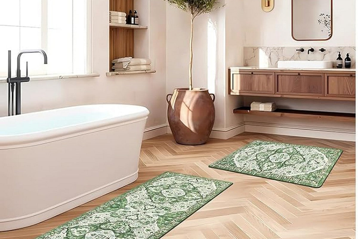 2Pcs Boho Anti-Fatigue Kitchen Mats Non-Slip Cushioned for Kitchen Sink Laundry -Green