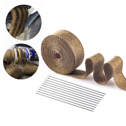10M Pipe Heat Insulation Wrap Tape for Motorcycle Fiberglass Heat Shield Tape with Stainless Ties Gold
