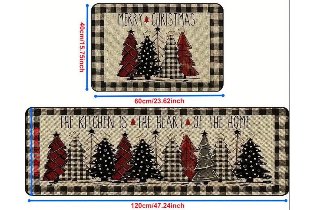 2Pcs Set Merry Christmas Tree Kitchen Rug and Mat Non Slip Christmas Decorative Doormat for Bedroom Bathroom