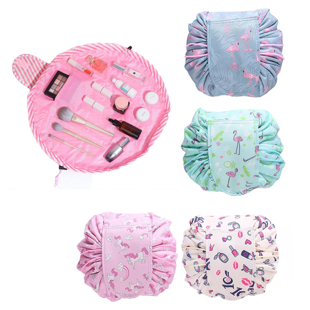 Printed Cosmetic Storage Bag Drawstring Make-Up Travel Bag Makeup Tools Organizer Folding Cosmetic Bag -Green Flamingo