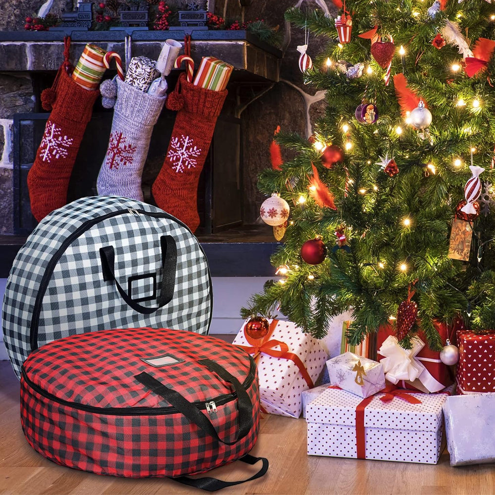 Christmas Plaid Wreath Storage Bag Christmas Garland Storage Container Seasonal Wreath Storage for Xmas Holiday Black