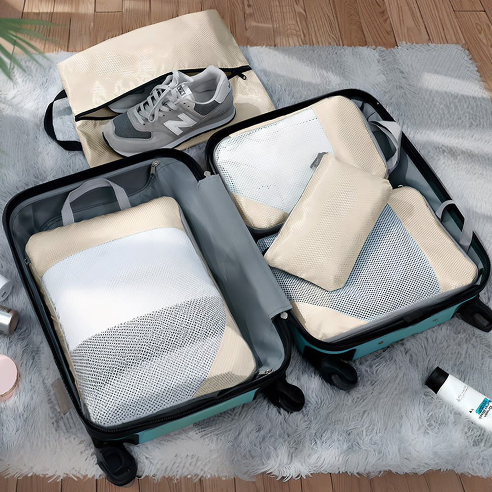 8 Set Compression Packing Cubes For Travel Essentials Expandable Luggage Storage Bags Set with Laundry Beige