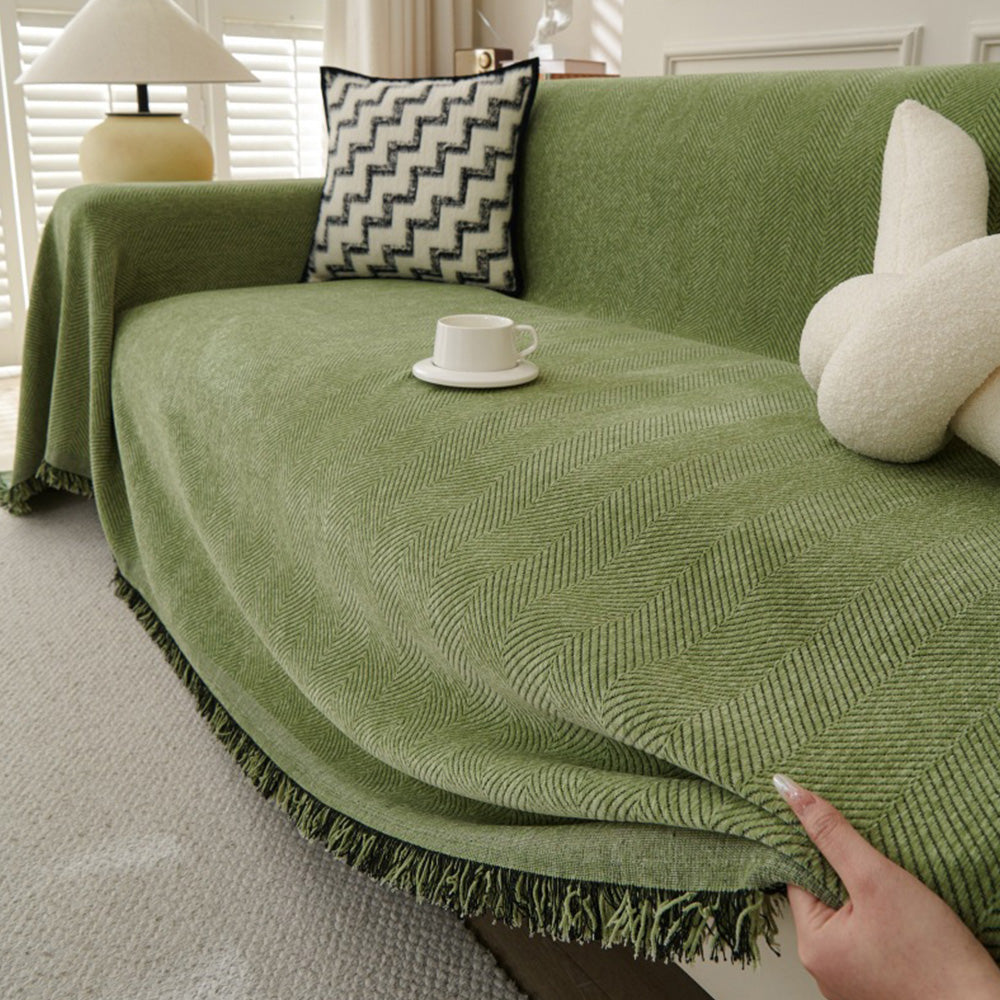 Herringbone Tassel Sofa Throw Cover Large Blanket for Couch Furniture Protector-Green
