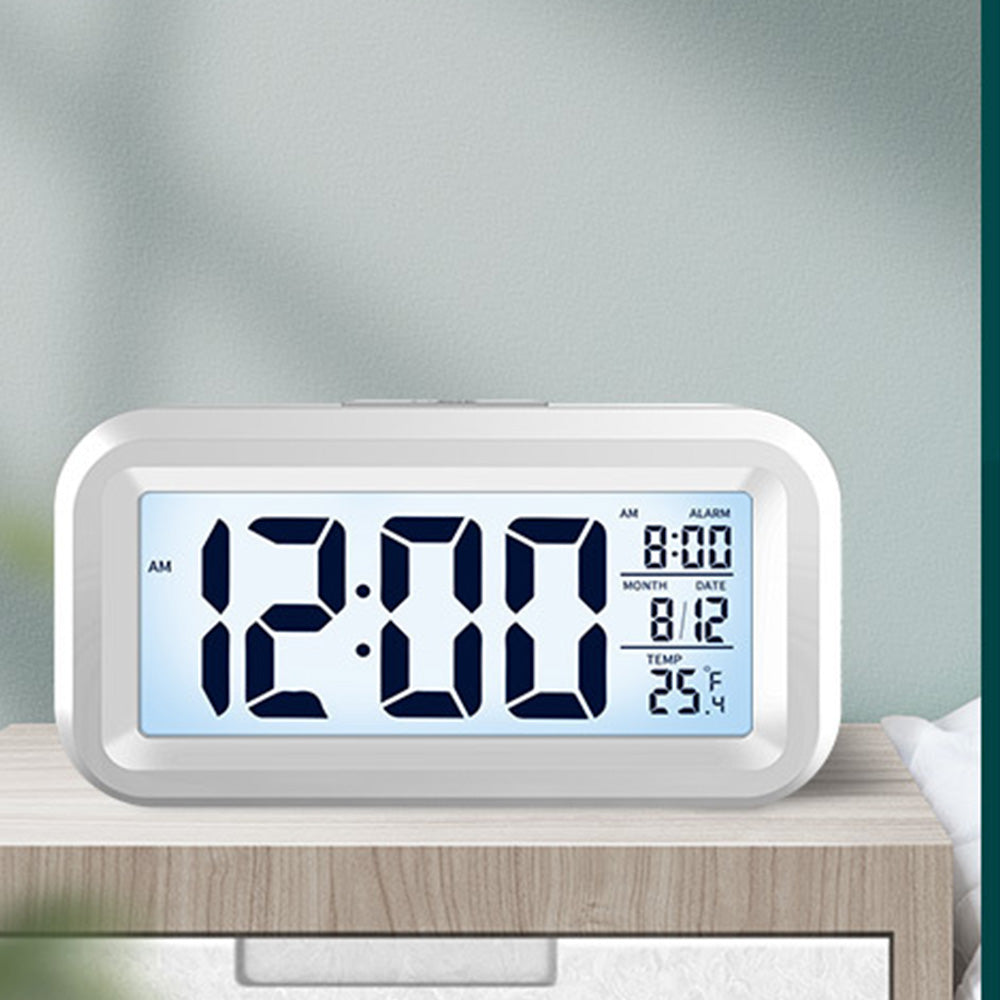Digital Alarm Clock Battery Operated Desk Smart Clock with Night Light/Indoor Temperature White