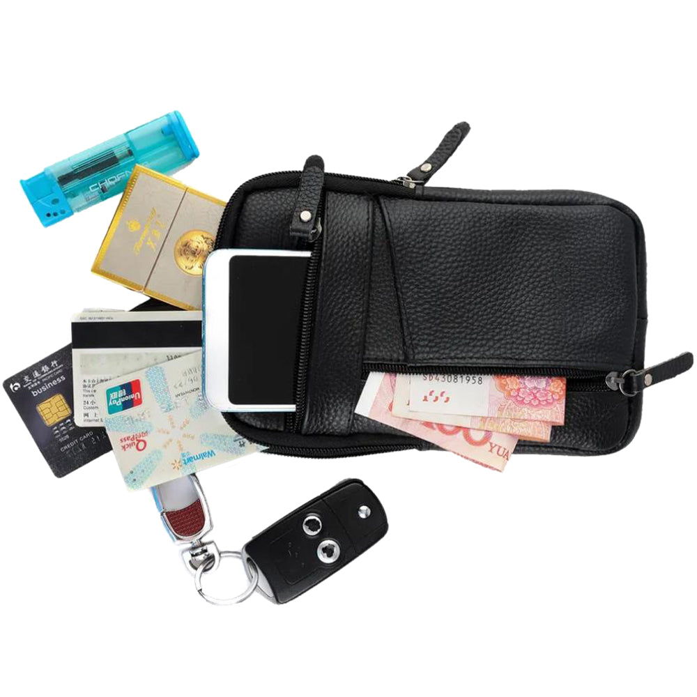 Leather Phone Pouch Small Waist Pack Crossbody Bag Business Receipt Wallet Black