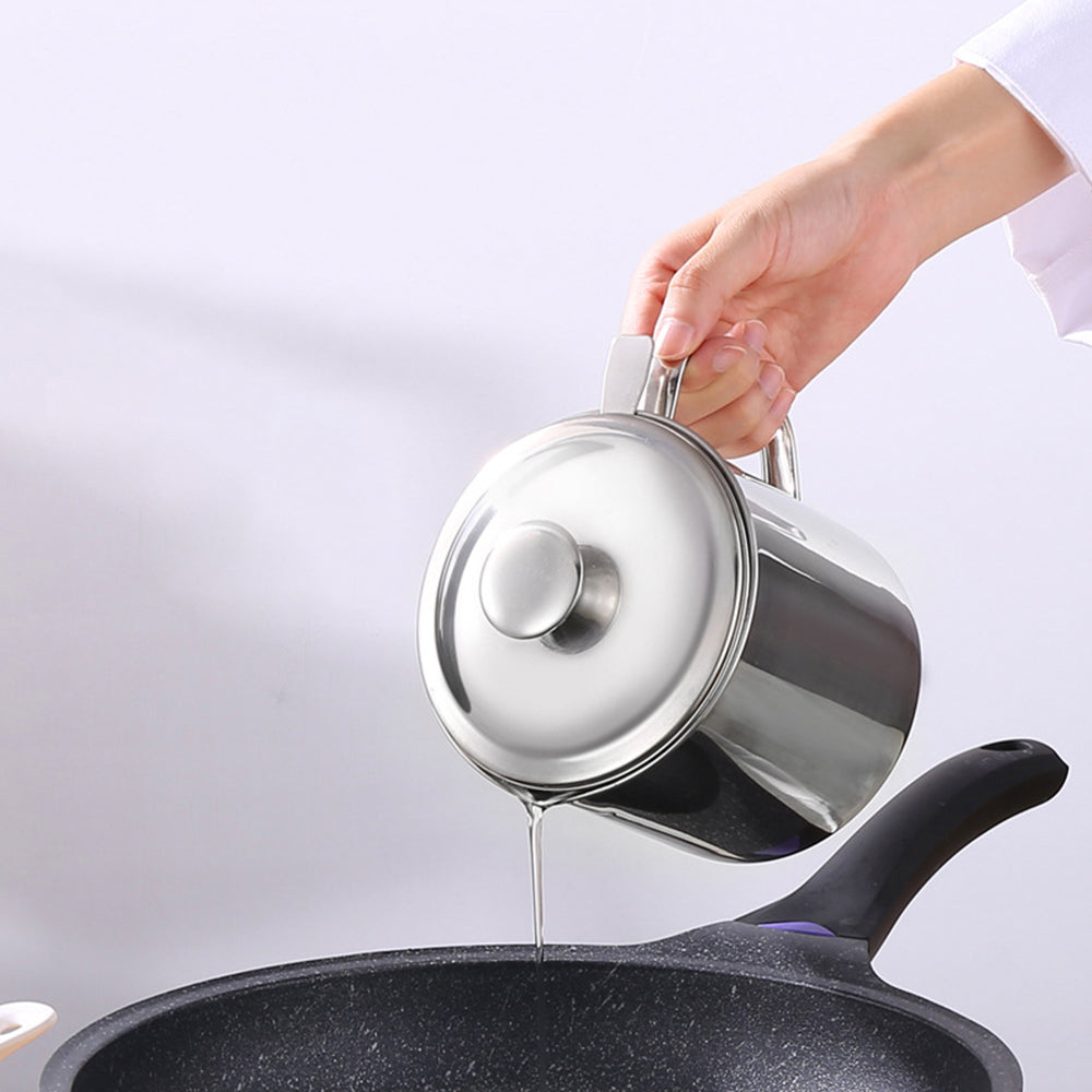 1.8L Stainless Steel Oil Filter Pot Bacon Grease Filter Can Oil Storage Container with Strainer Mesh Dust-proof Lid