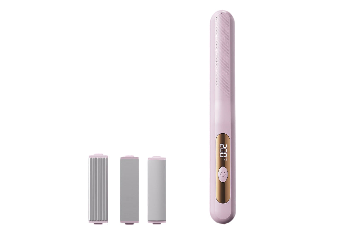 3 in 1 Hair Crimper Hair Straightener Interchangeable Plates Flat Curling Iron -Purple Hair Straightener and Gloves