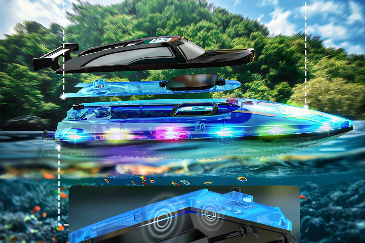 RC Boat for Little Ones with LED Lights 2.4Ghz Remote Control Racing Boats for Ages 6-Blue