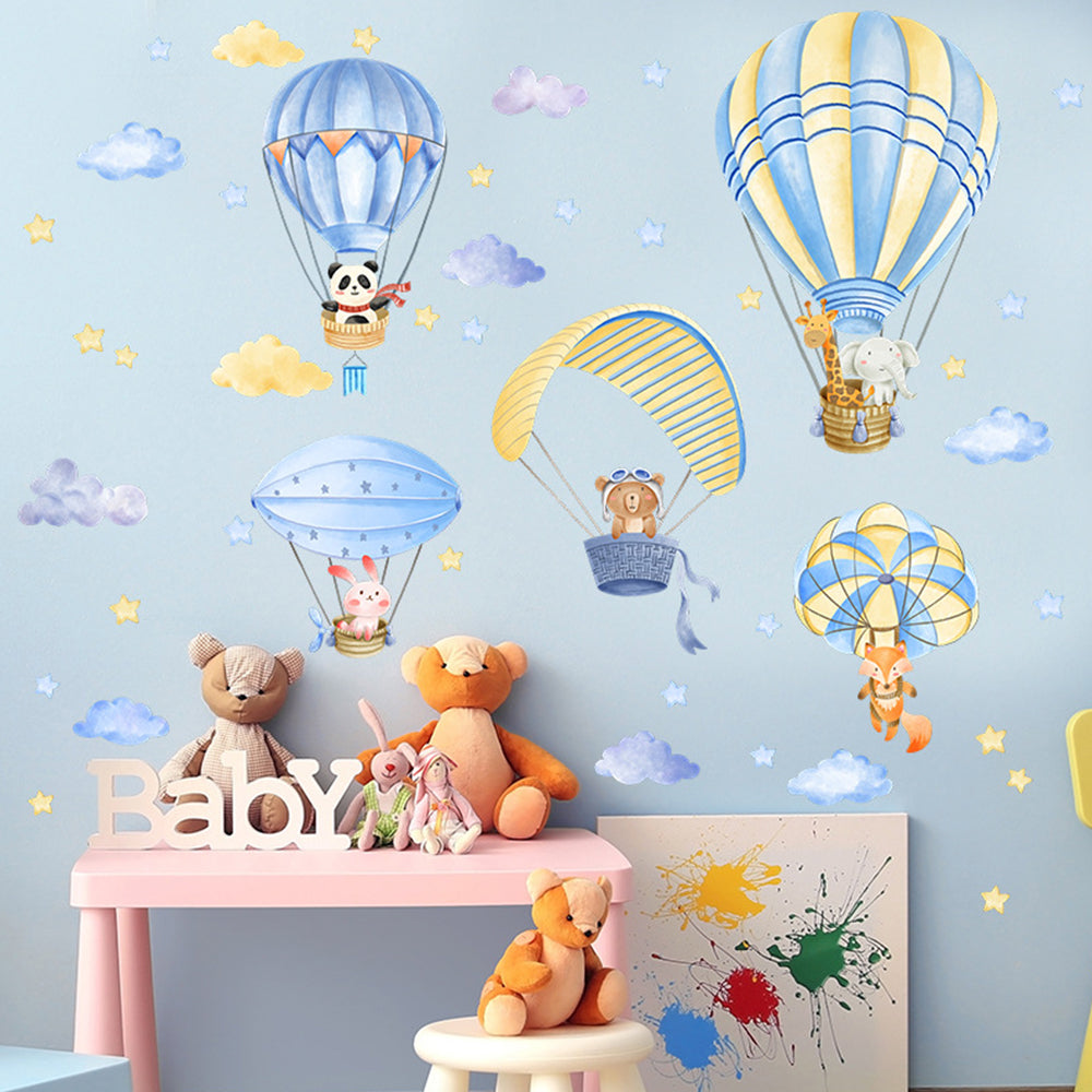 Cartoon Animal Wall Decals Colorful Hot Air Balloon Wall Decals Cute Animal Wall Stickers