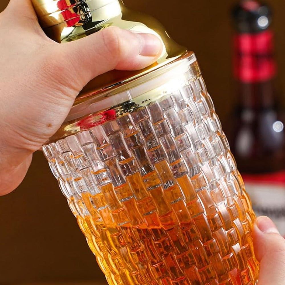 Glass Cocktail Shaker Leakproof Drinks Shaker with Steel Lid Ice Shaker for Home and Bar Use Golden