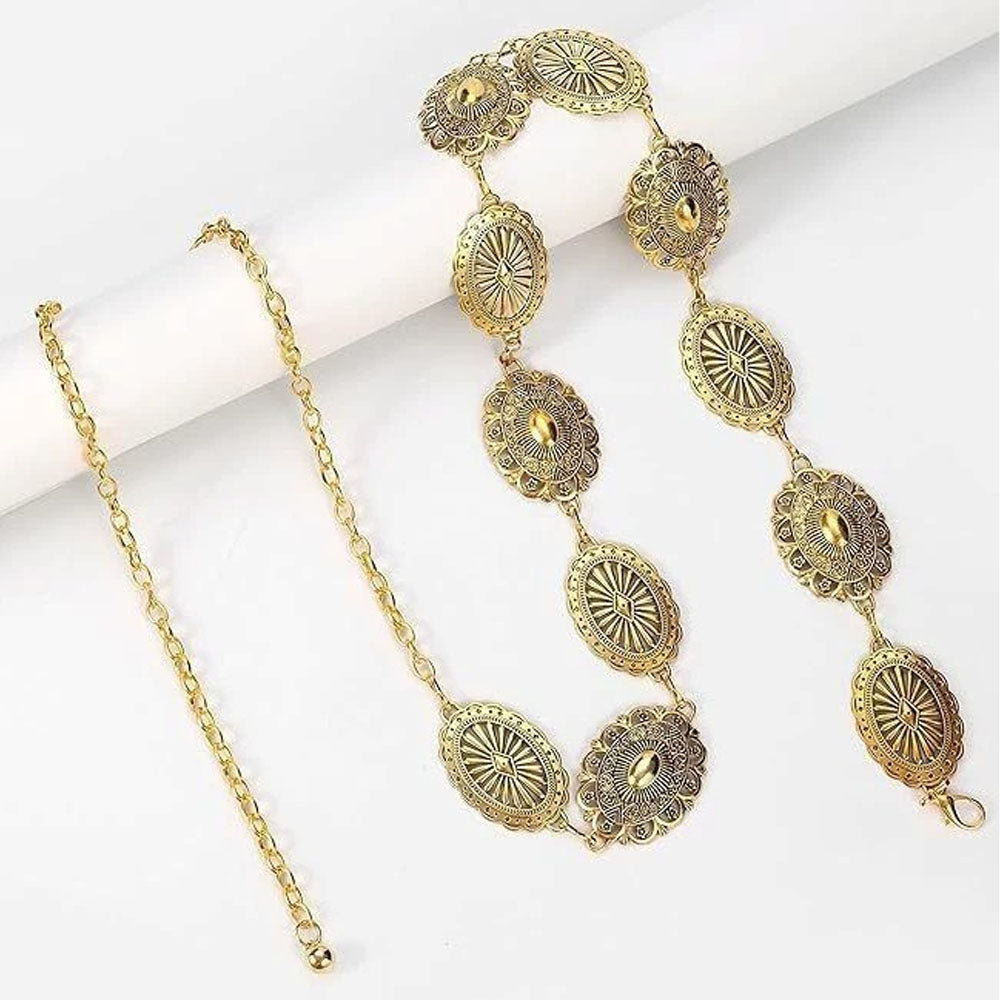 Western Concho Belt Women Vintage Metal Chain Belt for Dress Jeans-Gold