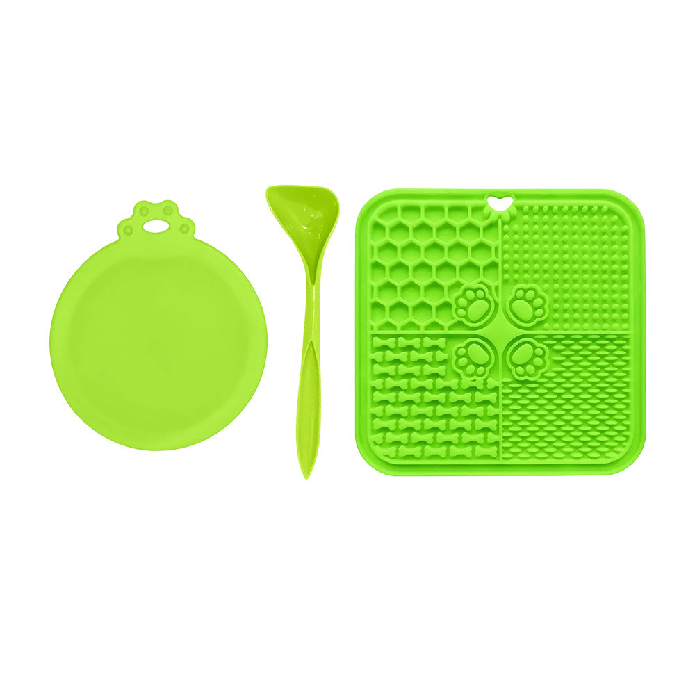 3Pcs Dog Feeding Set Silicone Pet Slow Feeder Lick Mat with Can Lids and Spoon Green