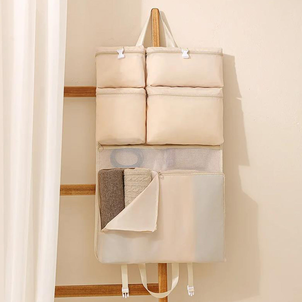Multi-Compartments Hanging Storage Organizer Foldable Packing Cubes with Handle for Travel Beige