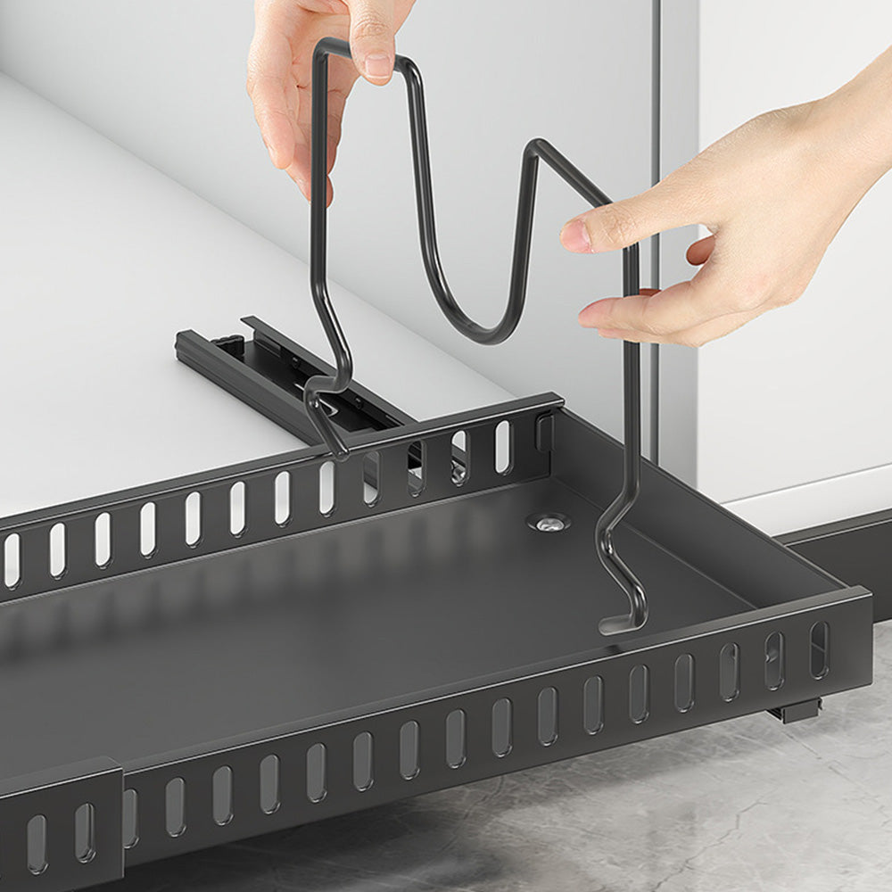Horizontal Pull Out Organizer for Pots and Pans Sliding Storage Rack with Dividers for Kitchen Black