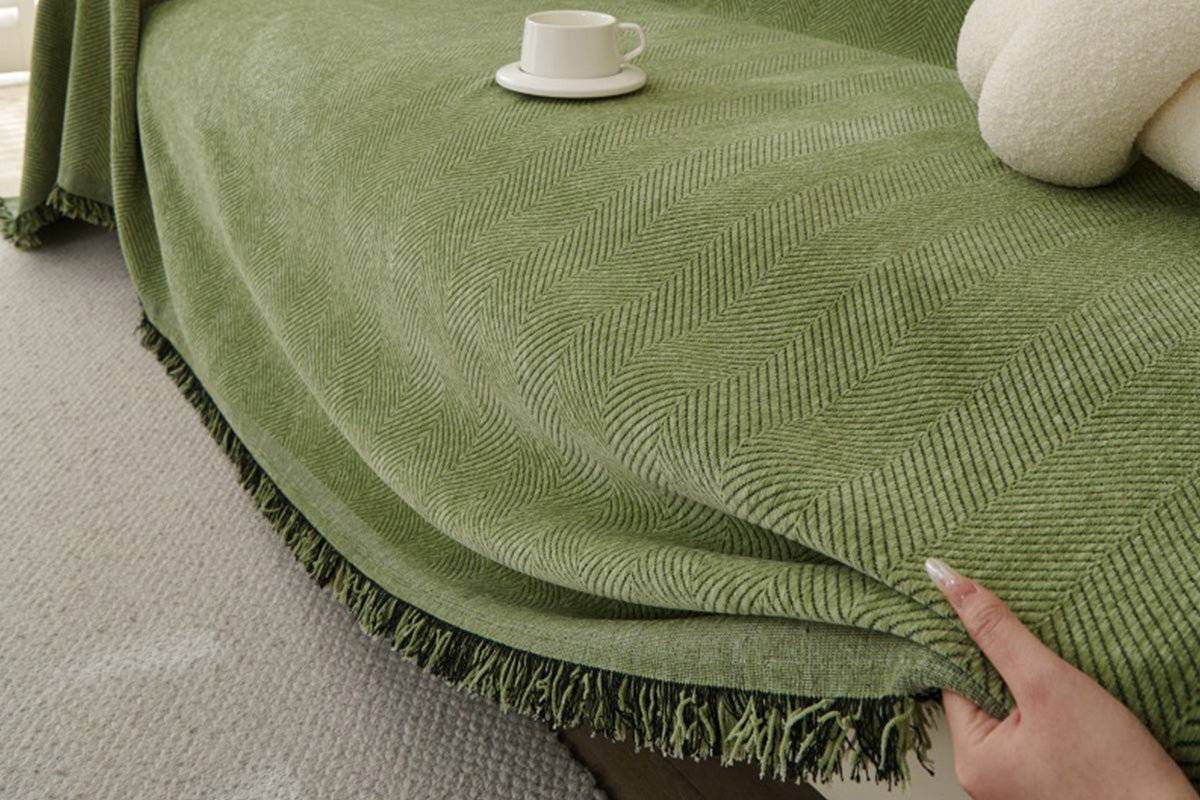 Herringbone Tassel Sofa Throw Cover Large Blanket - Green