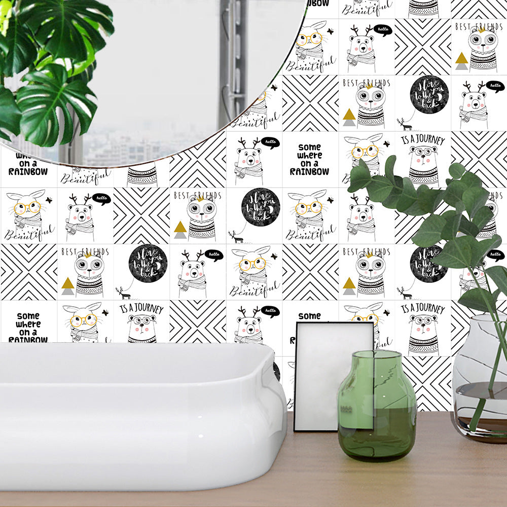 10Pcs Cartoon Animals Words Wall Stickers Water Resistant Wallpaper Removable Decal for Kitchen Bathroom -White
