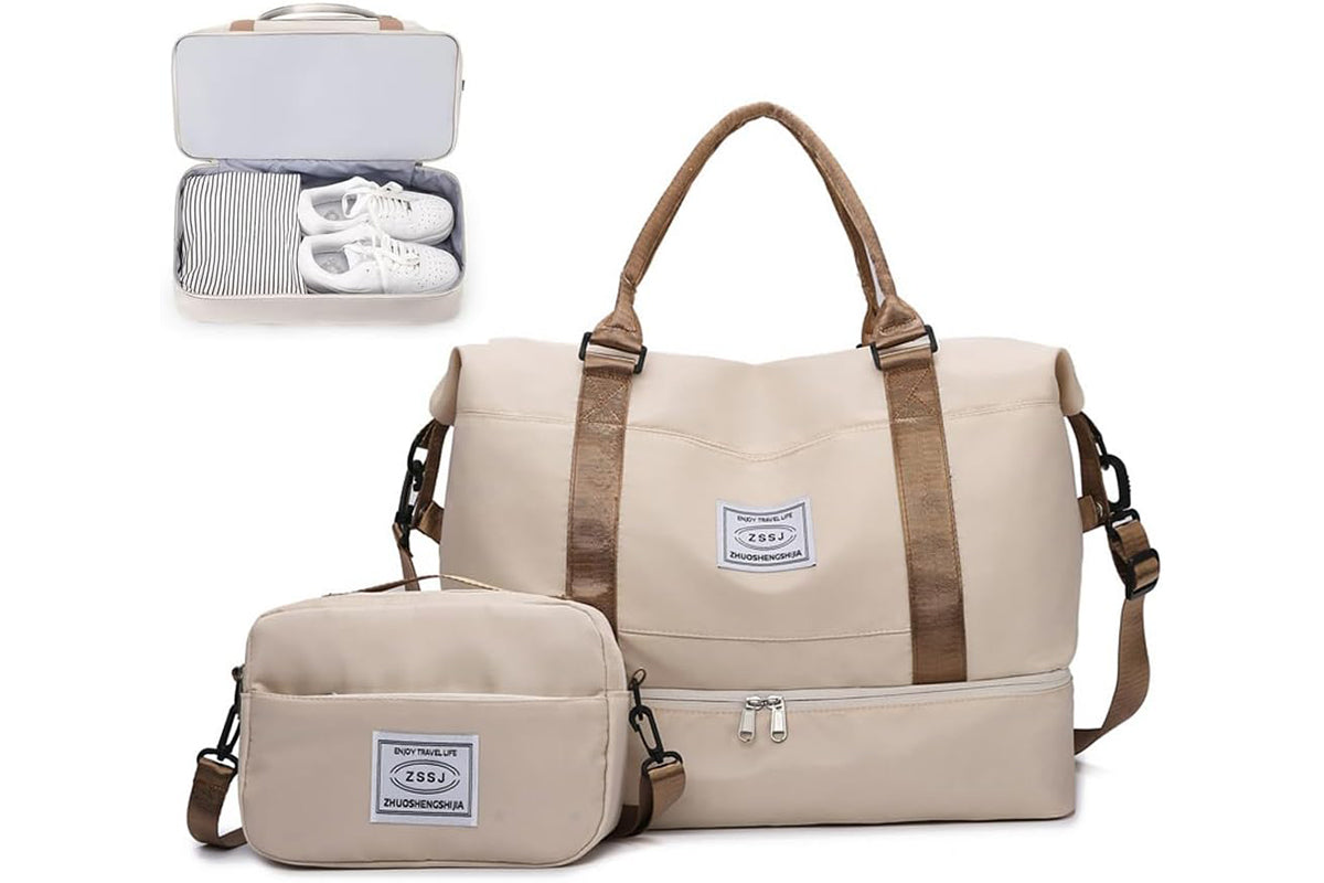 2Pcs Set 35L Travel Duffel Bag Crossbody Bag Shoulder Handbag for Women Men with Shoe Compartment -Khaki